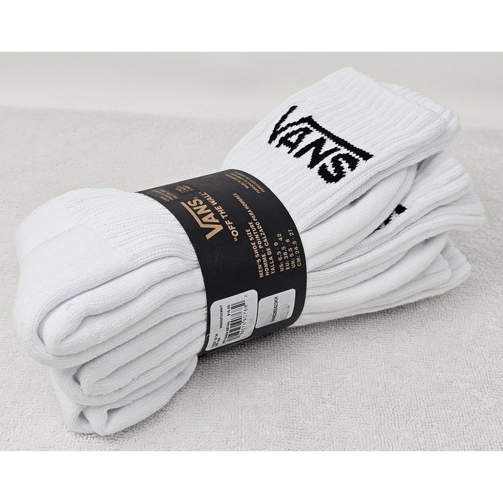 Vans Classic Crew Socks, 3-Pack, Men's Size 6.5-9, White, Off The Wall, NEW